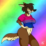  anthro blue_eyes breasts brown_body brown_fur butt canid canine canis clothed clothing female fur hair half-closed_eyes looking_at_viewer lucy_lupa mammal narrowed_eyes nipples pinup pose simple_background smile solo thick_thighs unclescooter wolf 