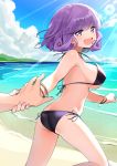  1girl :d ass bare_shoulders beach bikini blush breasts eyebrows_visible_through_hair hair_between_eyes halterneck highres holding_another&#039;s_arm looking_at_viewer medium_breasts open_mouth original purple_eyes purple_hair short_hair smile solo swimsuit tere thighs 