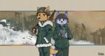  2018 5_fingers ambiguous_gender anthro black_nose blue_body blue_fur brown_body brown_fur clothed clothing duo fingers fully_clothed fur gloves handwear hi_res huka military_uniform shoujo_shuumatsu_ryokou signature uniform weapon 