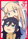  2020 2girls animal_ears bags_under_eyes biting black_hair blonde_hair blush border cat_ears cat_girl cat_tail chinese_zodiac commentary_request ear_biting eyebrows_visible_through_hair green_eyes grey_background hair_between_eyes hospital_king katou_asuka kemonomimi_mode kuroki_tomoko long_hair looking_at_another mouse_ears mouse_girl mouse_tail multiple_girls outside_border red_border smile sweatdrop tail watashi_ga_motenai_no_wa_dou_kangaetemo_omaera_ga_warui! wavy_mouth year_of_the_rat 