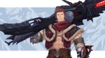  1boy 47 abs alternate_costume alternate_weapon arm_up bara beard biceps blue_eyes brown_hair chest crossover facial_hair fate/grand_order fate_(series) gloves highres holding holding_weapon jewelry looking_at_viewer male_focus monster_hunter monster_hunter:_world mountain muscle napoleon_bonaparte_(fate/grand_order) necklace open_clothes over_shoulder pants pectorals revealing_clothes scar scarf simple_background smile solo standing weapon weapon_over_shoulder 