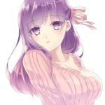  1girl bangs breasts cleavage collarbone eyebrows_visible_through_hair fate/stay_night fate_(series) floating_hair hair_between_eyes hair_ribbon long_hair looking_at_viewer matou_sakura medium_breasts parted_lips pink_ribbon pink_sweater purple_eyes purple_hair ribbed_sweater ribbon ro96cu shiny shiny_hair simple_background solo sweater upper_body white_background 