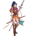  1girl armor bangs blue_eyes blue_hair boots fire_emblem fire_emblem:_new_mystery_of_the_emblem fire_emblem_heroes highres izuka_daisuke kris_(fire_emblem) long_hair looking_at_viewer official_art polearm ponytail shiny shiny_hair smile solo spear standing sword tied_hair weapon 