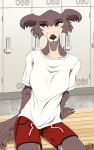  2020 anthro beastars bottomwear brown_body brown_fur canid canine canis clothed clothing female fur hi_res juno_(beastars) locker_room looking_away mammal portrait red_bottomwear red_clothing red_shorts sergeyfoxx shirt shorts sitting solo t-shirt three-quarter_portrait topwear white_clothing white_shirt white_topwear wolf 