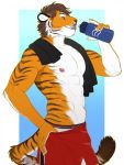  3:4 abs anthro athletic bottomwear brown_hair clothed clothing cute_fangs felid fur hair hi_res male mammal muscular muscular_male nipples orange_body orange_fur pantherine riffraff666 shorts solo striped_body striped_fur stripes tiger tongue tongue_out topless towel underwear water_bottle white_body white_fur 