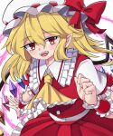  1girl :d absurdres arm_up ascot aura bangs blonde_hair blush bow buttons commentary_request crystal doku_yanagi dot_nose eyebrows_visible_through_hair eyelashes fangs fingernails flandre_scarlet frilled_shirt_collar frilled_skirt frills hat hat_bow hat_ribbon highres looking_at_viewer medium_hair mob_cap nail_polish one_side_up open_mouth pointy_ears puffy_short_sleeves puffy_sleeves red_bow red_eyes red_nails red_ribbon red_skirt red_vest ribbon shirt short_sleeves side_ponytail sidelocks simple_background skirt slit_pupils smile solo standing teeth touhou upper_body upper_teeth vest white_background white_headwear white_shirt wings wrist_cuffs yellow_neckwear 