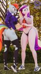  3d_(artwork) 9:16 anthro anthrofied big_breasts breasts clothing detailed_background digital_media_(artwork) duo equid equine female fishnet fishnet_topwear friendship_is_magic hand_on_hip hasbro hi_res horn mammal my_little_pony outside panties princess_cadance_(mlp) puppy3d rainbow_dash_(mlp) thong torn_clothing tree underwear unicorn 