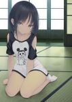  1girl bangs black_hair green_eyes head_tilt highres indoors looking_at_viewer original shirt shokuyou_mogura short_hair shoulder_cutout sitting sliding_doors smile socks solo t-shirt tatami wariza 