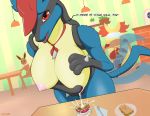  anthro big_breasts bodily_fluids breast_squish breasts clothing coffee_mug cutlery delphox detailed_background dialogue eevee female food furniture hat headgear headwear hi_res kitchen_utensils lactating looking_at_viewer lucario nintendo pok&eacute;mon pok&eacute;mon_(species) pokemon_cafe_mix raised_tail red_eyes sandwich_(food) solo spoon squish table tailwag tools unusualmatias video_games 