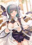  1girl absurdres animal_ears apron aqua_eyes aqua_hair azur_lane breasts cheshire_(azur_lane) cleavage detached_sleeves dhfz181 fake_animal_ears fang frilled_apron frilled_hairband frilled_headband frilled_ribbon frills garter_straps hairband highres large_breasts long_ribbon maid_dress maid_headdress multicolored_hair paw_pose puffy_detached_sleeves puffy_sleeves purple_apron purple_hair ribbon skin_fang solo streaked_hair tail two-tone_hair wrist_cuffs 