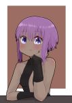  1girl :t bangs bare_shoulders black_bodysuit blush bodysuit breasts brown_background closed_mouth dark_skin eyebrows_visible_through_hair fate/prototype fate/prototype:_fragments_of_blue_and_silver fate_(series) hair_between_eyes hand_up hassan_of_serenity_(fate) highres i.u.y looking_at_viewer purple_eyes purple_hair small_breasts solo two-tone_background upper_body white_background 