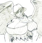  bandanna big_breasts black_body black_feathers black_hair breasts cleavage clothed clothing cowboy_hat evil_grin feathered_wings feathers female greyscale grin hair hat headgear headwear hi_res huge_breasts humanoid long_hair monochrome nipple_outline not_furry saki_kurokoma shirt sketch smile solo space_zin topwear touhou video_games winged_humanoid wings 