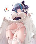  1girl absurdres animal_ears aqua_eyes aqua_nails azur_lane black_hair blush breasts cheshire_(azur_lane) chitu_hefeng_zhong cleavage dress eyebrows_visible_through_hair frills garter_straps highres large_breasts lifted_by_self looking_at_viewer maid_headdress multicolored_hair panties ribbon smile solo streaked_hair thighhighs thighs underwear white_legwear white_panties 