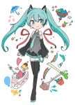  1girl aqua_eyes aqua_hair aqua_neckwear boots bucket cake cherry commentary dated_commentary detached_sleeves duplicate english_commentary food fork fruit globe hatsune_miku headset heart leg_up letter long_hair mikan_(mikabe) necktie paintbrush plant potted_plant puddle replaceme sapling skirt solo spring_onion star_(symbol) strawberry thigh_boots thighhighs twintails umbrella vocaloid 