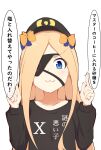  1girl :3 abigail_williams_(fate) absurdres baseball_cap black_headwear black_shirt blonde_hair blue_bow blue_eyes bow closed_mouth clothes_writing collarbone commentary_request eyebrows_visible_through_hair eyepatch fate/grand_order fate_(series) hair_bow hands_up hat highres index_fingers_raised long_hair long_sleeves looking_at_viewer mitchi orange_bow shirt simple_background solo translation_request upper_body white_background 