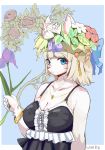  2019 5_fingers absurd_res accessory amulet anthro black_clothing black_dress blonde_hair blue_eyes breasts cleavage clothed clothing dress eye_markings felid female finger_claws fingers flower flower_in_hair fur hair hair_accessory hi_res jewelry kemono looking_at_viewer mammal markings medium_breasts monotone_hair necklace pink_nose plant short_hair simple_background solo wanko0487 white_body white_fur 