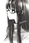  1girl bangs black_hair breasts character_name commentary_request copyright_name cropped_torso eyebrows_visible_through_hair glasses greyscale himawari-san himawari-san_(character) long_hair looking_to_the_side monochrome ribbed_sweater signature sketch solo sugano_manami sweater turtleneck turtleneck_sweater white_background 