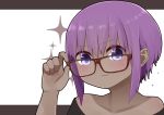  1girl :3 bangs bare_shoulders bespectacled black_background black_shirt blush brown-framed_eyewear closed_mouth collarbone dark_skin eyebrows_visible_through_hair fate/prototype fate/prototype:_fragments_of_blue_and_silver fate_(series) glasses hair_between_eyes hassan_of_serenity_(fate) highres i.u.y looking_at_viewer off-shoulder_shirt off_shoulder portrait purple_eyes purple_hair shirt sidelocks solo sparkle two-tone_background white_background 