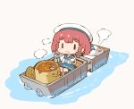  1girl :3 blue_neckwear blue_ribbon boat bob_cut braid chibi cooking curry etorofu_(kantai_collection) eyebrows_visible_through_hair food hanomido hat holding holding_spoon kantai_collection long_sleeves neckerchief plate red_hair ribbon rice_cooker sailor_collar school_uniform serafuku side_braid simple_background sitting solo spoon steam thick_eyebrows twin_braids water watercraft white_background 