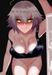  1girl absurdres ahoge biriyb black_background black_shirt black_tank_top door eyebrows eyebrows_visible_through_hair fate/grand_order fate_(series) grey_hair highres jeanne_d&#039;arc_(alter)_(fate) jeanne_d&#039;arc_(fate)_(all) looking_at_viewer no_panties refrigerator shirt short_hair simple_background smile tank_top yellow_eyes 