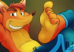  absurd_res activision anthro bandicoot barefoot clothed clothing crash_bandicoot crash_bandicoot_(series) feet foot_focus grin hair hi_res looking_at_viewer lu123 male mammal marsupial orange_body red_hair smile solo topless topless_male video_games 