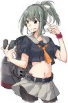  1girl bangs belt black_belt black_legwear brown_eyes depth_charge eyebrows_visible_through_hair green_hair grey_skirt grin hair_ribbon headphones highres holding kantai_collection midriff navel orange_neckwear pantyhose ponytail remodel_(kantai_collection) ribbon rigging rindou_(rindou_annon) short_sleeves simple_background skirt smile solo white_background yuubari_(kantai_collection) 