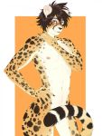  3:4 anthro athletic athletic_anthro athletic_male blue_eyes brown_hair cheetah convenient_censorship covering covering_self felid feline hair hi_res looking_at_viewer male mammal nude riffraff666 slim solo standing 