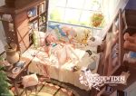  1girl ass babydoll bed cd_case clouble computer covering_mouth digital_media_player evante_(pride_of_eden) frills hair_ornament handheld_game_console headphones highres holding indoors ipod laptop legs_up lingerie long_hair looking_at_viewer low_twintails lying navel no_shoes official_art on_back on_bed panties pillow pink_hair plant playstation_portable potted_plant pride_of_eden red_eyes shelf side-tie_panties solo star_(symbol) star_hair_ornament stomach stool stuffed_animal stuffed_dog stuffed_horse stuffed_shark stuffed_sheep stuffed_toy sunlight table thighhighs twintails underwear underwear_only vase very_long_hair watermark wavy_hair white_legwear window window_shade 