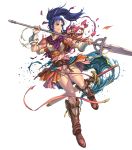  1girl armor bangs blue_eyes blue_hair boots fire_emblem fire_emblem:_new_mystery_of_the_emblem fire_emblem_heroes highres holding holding_weapon izuka_daisuke kris_(fire_emblem) long_hair polearm ponytail shiny shiny_hair solo spear sword tied_hair torn_clothes weapon 