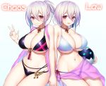 2girls absurdres asamura_hiori ball beachball bikini breasts cleavage eyebrows_visible_through_hair highres holding holding_ball holding_hands huge_breasts idola_phantasy_star_saga jewelry looking_at_viewer multiple_girls necklace ponytail red_eyes see-through short_hair swimsuit v white_background white_hair 