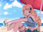  3girls annette_fantine_dominic artist_name beach beach_umbrella blonde_hair blue_sky chunafishy closed_eyes closed_mouth cloud day fire_emblem fire_emblem:_three_houses fire_emblem_heroes flower from_side green_eyes hair_flower hair_ornament ingrid_brandl_galatea knees_up long_hair looking_to_the_side mercedes_von_martritz multiple_girls one-piece_swimsuit open_mouth orange_hair outdoors sitting sky smile swimsuit umbrella water 