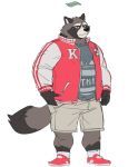  2020 anthro belly bottomwear brown_body brown_fur canid canine clothing cyanroll fur humanoid_hands kuon_(cyanroll) male mammal overweight overweight_anthro overweight_male raccoon_dog shirt shorts simple_background solo tanuki topwear white_background 