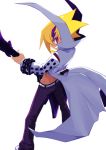  1boy akutare_(disgaea) blonde_hair coat disgaea guitar instrument jewelry makai_senki_disgaea_2 male_focus necklace one_eye_closed pants purple_pants red_eyes simple_background smile solo white_background zuku_p 