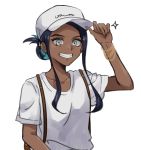  1girl alternate_costume aqua_hair arm_up backpack bag baseball_cap black_hair blue_eyes brown_backpack clenched_teeth collarbone commentary_request dark_skin echizen_(n_fns17) eyelashes hair_bun hand_on_headwear hat highres looking_at_viewer multicolored_hair pokemon pokemon_(game) pokemon_swsh rurina_(pokemon) shirt short_sleeves sidelocks simple_background solo sparkle teeth two-tone_hair white_background white_headwear white_shirt 