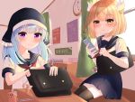  2girls alternate_costume aun_(old_dorothy) bag bangs black_headwear black_legwear blonde_hair blue_hair blue_sailor_collar blue_skirt blunt_bangs blush bob_cut cellphone character_doll charm_(object) classroom clock commentary_request contemporary cup curtains desk eyebrows_visible_through_hair feet_out_of_frame hair_ribbon haniyasushin_keiki holding holding_phone hood joutouguu_mayumi long_hair looking_at_viewer multiple_girls neckerchief pen phone poster_(object) purple_eyes red_neckwear ribbon sailor_collar school_bag school_desk school_uniform serafuku short_hair sitting skirt smartphone smile thighhighs touhou very_long_hair window yellow_eyes 