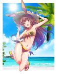  1girl animal_ears bare_shoulders beach bikini bunny_ears bunny_girl bunny_tail hat heart heart_print highres iesupa midriff navel rwby sandals solo straw_hat swimsuit tail velvet_scarlatina 