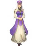  1girl bangs breasts closed_mouth dress eremiya eyebrows_visible_through_hair fingernails fire_emblem fire_emblem:_mystery_of_the_emblem fire_emblem_heroes full_body hands_together hat highres homare_(fool&#039;s_art) lips looking_at_viewer medium_breasts official_art purple_eyes purple_hair smile solo standing transparent_background 