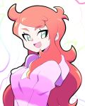  1girl :d ahoge artsy-rc green_eyes hair_down highres hood hood_down looking_at_viewer open_mouth pink_hoodie pokemon pokemon_(game) pokemon_swsh red_hair signature slit_pupils smile solo sonia_(pokemon) upper_body 