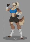  abs arm_wraps bandage blonde_hair blue_eyes bottomwear bra brown_body brown_fur canid canine canis clothing elnora_karkhov exercise female flexing flexing_bicep fluffy fluffy_tail foot_wraps fur gloves hair hand_wraps handwear hi_res leg_wrap mammal muscular muscular_arms muscular_female muscular_thighs ponytail shorts simple_background solo sports_bra sports_shorts tan_body tan_fur thick_thighs tight_bottomwear tight_clothing tight_shorts tight_topwear topwear underwear wmdiscovery93 wolf workout workout_clothing workout_outfit wraps 
