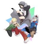  1boy 2girls armband black_legwear blonde_hair cape cosplay costume_switch crossdressing fate/grand_order fate_(series) fur_trim gloves gray_(lord_el-melloi_ii) gray_(lord_el-melloi_ii)_(cosplay) grey_hair hat highres hood hoodie kneehighs long_hair lord_el-melloi_ii_case_files multiple_girls pantyhose peaked_cap reines_el-melloi_archisorte reines_el-melloi_archisorte_(cosplay) skirt tsurutsuru_mi waver_velvet waver_velvet_(cosplay) white_gloves 