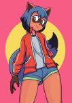  2020 anthro black_body black_fur black_hair black_nose blue_body blue_eyes blue_fur blue_hair bottomwear brand_new_animal brown_body brown_fur canid canine clothed clothing female fluffy fluffy_tail fur gloves_(marking) hair hi_res jacket mammal markings michiru_kagemori multicolored_body multicolored_fur multicolored_hair nekomaya portrait raccoon_dog short_hair shorts smile solo studio_trigger tanuki three-quarter_portrait topwear 