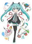  1girl aqua_eyes aqua_hair aqua_neckwear boots bucket cake cherry commentary dated_commentary detached_sleeves english_commentary food fork fruit globe hatsune_miku headset heart leg_up letter long_hair mikan_(mikabe) necktie paintbrush plant potted_plant puddle sapling skirt solo spring_onion star_(symbol) strawberry thigh_boots thighhighs twintails umbrella vocaloid 