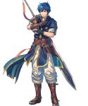  armor bangs blue_eyes blue_hair boots fire_emblem fire_emblem:_new_mystery_of_the_emblem fire_emblem_heroes full_body gloves highres izuka_daisuke knee_boots kris_(fire_emblem) looking_at_viewer male_focus official_art pants short_hair short_sleeves solo standing sword sword_behind_back transparent_background weapon weapon_on_back 