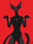  2020 3:4 anthro black_body breasts claws cybernetics cyborg domestic_cat featureless_breasts featureless_crotch felid feline felis female hairless hairless_cat hi_res machine mammal portrait red_background red_eyes sergeyfoxx simple_background solo sphynx_(cat) tesla_(brand) three-quarter_portrait 