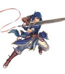  1boy armor bangs blue_eyes blue_hair closed_mouth fire_emblem fire_emblem:_new_mystery_of_the_emblem fire_emblem_heroes full_body gloves highres holding holding_sword holding_weapon izuka_daisuke kris_(fire_emblem) leg_up official_art short_hair short_sleeves solo sword transparent_background weapon 