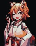  1girl allen_(makaroll) animal_ear_fluff animal_ears artist_name bangs black_background blonde_hair commentary_request diamond-shaped_pupils diamond_(shape) double_fox_shadow_puppet eyebrows_behind_hair fang fox_ears fox_shadow_puppet hair_between_eyes japanese_clothes kimono light_blush long_sleeves looking_at_viewer miko one_eye_closed open_mouth red_sash sash senko_(sewayaki_kitsune_no_senko-san) sewayaki_kitsune_no_senko-san short_hair simple_background skin_fang solo symbol-shaped_pupils tail upper_body white_kimono wide_sleeves yellow_eyes 