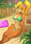  2020 5_fingers accessory activision anthro bandicoot bikini blonde_hair breasts clothed clothing coco_bandicoot computer crash_bandicoot_(series) crate eyelashes female fingers flower flower_in_hair green_eyes hair hair_accessory laptop long_hair looking_at_viewer mammal marsupial open_mouth open_smile plant redjet00 smile solo swimwear video_games 