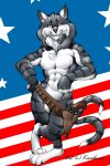  anthro belt domestic_cat f-14_tomcat felid feline felis fur grey_body grey_fur gun gun_belt handgun hi_res holster karabiner male mammal mascot multi_tail pistol ranged_weapon revolver signature solo stars_and_stripes stripes tom_cat_(disambiguation) united_states_of_america weapon white_body white_fur 