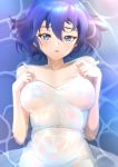  1girl blue_eyes blue_hair blush breasts catria_(fire_emblem) deekei dress fire_emblem fire_emblem:_shadow_dragon_and_the_blade_of_light highres looking_at_viewer medium_breasts no_nipples open_mouth short_hair solo strap_slip water wet wet_clothes wet_dress white_dress 
