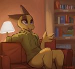  2020 anthro bookshelf bottomless clothed clothing detailed_background dragon enginetrap furniture hi_res horn inside lamp light lighting open_mouth open_smile reclining scalie sitting smile sofa solo western_dragon yellow_body 